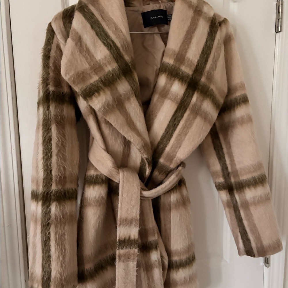 Tahari Cream and Green Faux Fur Coat